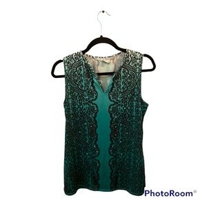 Green and black lace print blouse